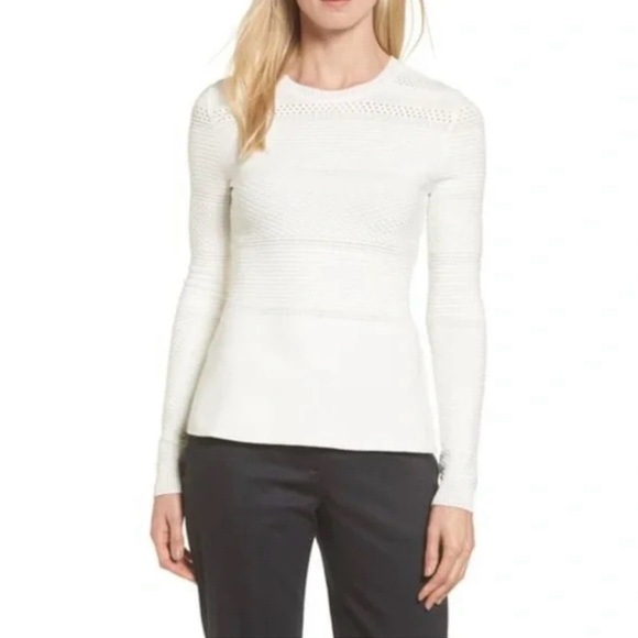HUGO BOSS White Knit Sweater Size XS Structured Ribbed Crewneck - Picture 1 of 5